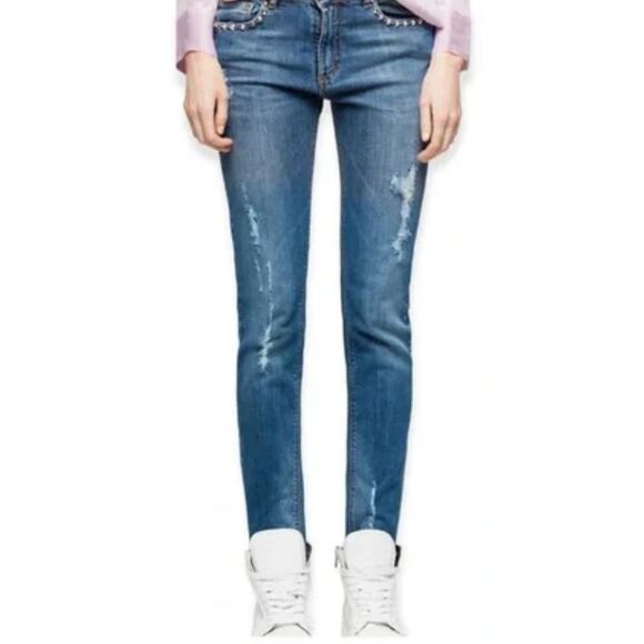 ZADIG & VOLTAIRE Eva Use Slim Denim Blue Jeans w/ Studs & Distressing Size 25 - Picture 1 of 6